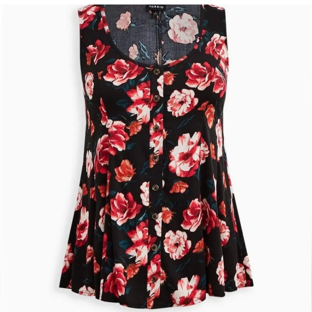 torrid Black Floral Button-Front Swing Tank